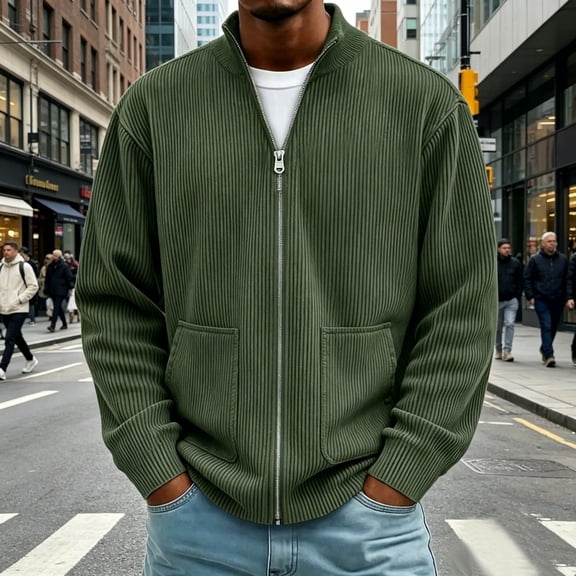Aestivo Men's Full Zip Bomber Fleece, Solid Stand Collar Coat, Casual Zip-Up Outerwear for Work Leisure, Green L