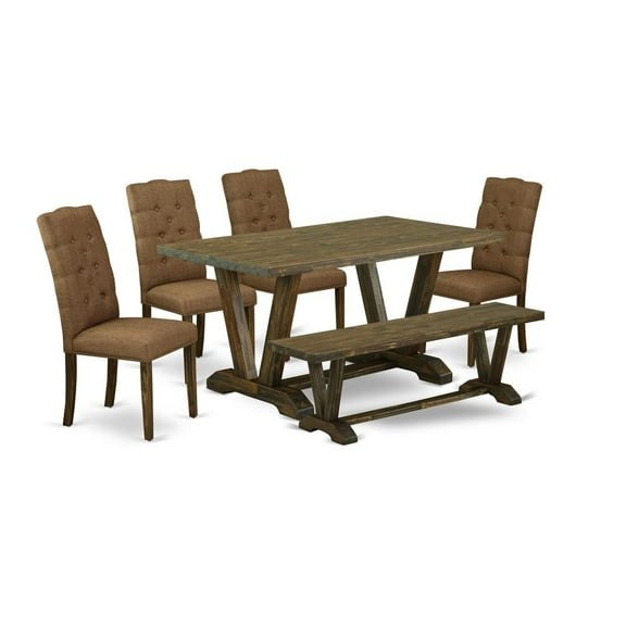 East West Furniture 6-Piece Dining room Table Set-Brown Beige Linen Fabric Seat and Button Tufted Chair Back Dining chairs, A Rectangular Bench and Rectangular Top Dining room Table with Solid...