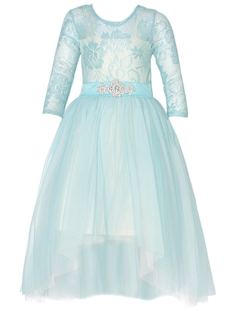 Bonnie Jean - Bonnie Jean Girls Blue Floral Embroidered Brooch Tulle Christmas Dress 7-16 