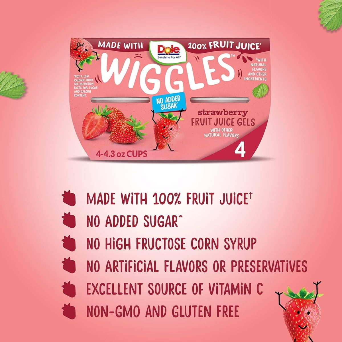 (4 pack) Dole Wiggles Strawberry Fruit Juice Gels, 4.3 oz Cups (4 Pack)