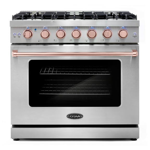 Cosmo 36 in. 6.0 cu. ft. Gas Range, 6 Burners, Convection Oven, Knob LEDs, Stainless Steel, Rose Gold Knob Kit