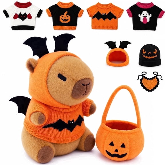 YSZZYSM Halloween Capybara Plush Set, Cute Dress-Up Stuffed Animal with Pumpkin Basket, Gift for Kids
