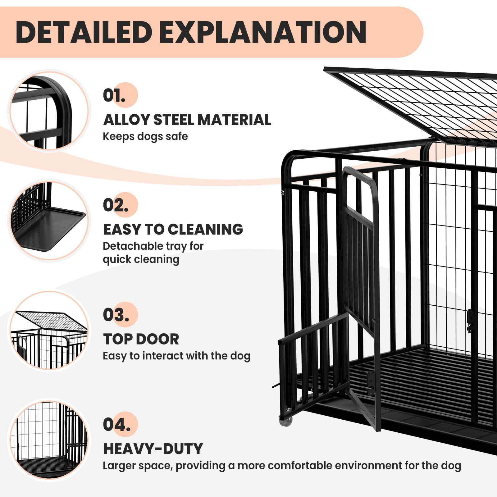 Alloy Steel Dog Crate with Front & Top Door, 36.4" Indoor Outdoor Dog Kennel with Lockable Wheels, Removable Tray for Easy Cleaning