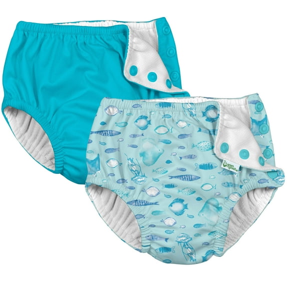 i Play (2 Pack) Boys Reusable Absorbent Baby Swim Diapers - Swimming Suit Bottom | No Other Diaper Necessary Light Aqua Fish and Aqua Blue 6 Months