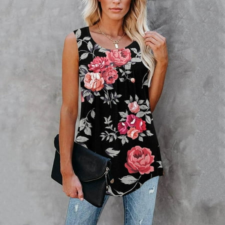 

OKBOP Breast Cancer Scrub Tops Women Fashion Casual Print Round Neck Sleeveless Printed Pleated Tank Short Sleeve Blouses for Women Shirts for Teens Girls