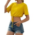 thumbnail image 4 of HUBERY Women Crew Neck Short Sleeve Lace Up Hem Ribbed Solid Color Crop Top, 4 of 7