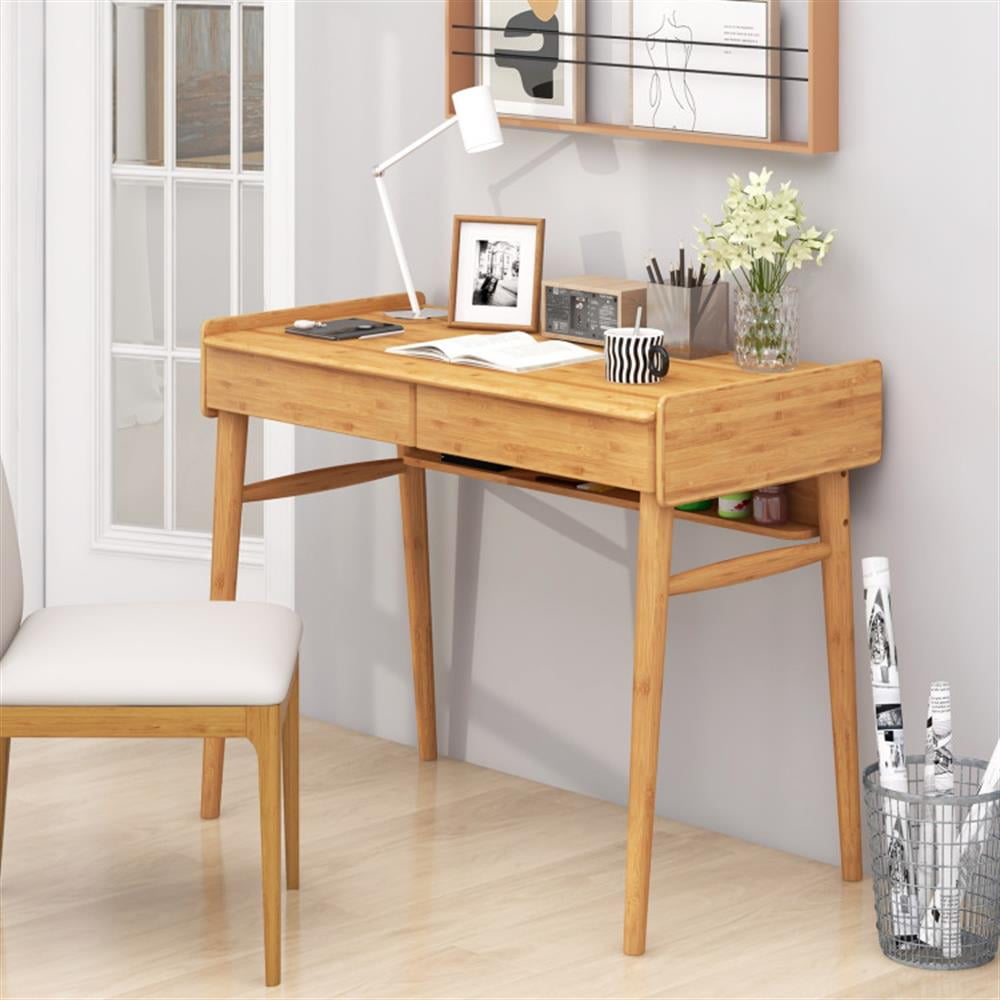 Demi Bonn Bamboo Computer Desk with 2 Storage Drawers and Open Shelf, Small Home Office Desk Study Writing Table, Beige