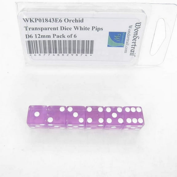 Orchid Transparent Dice with White Pips Square Corners D6 12mm (1/2in) Pack of 6 Wondertrail