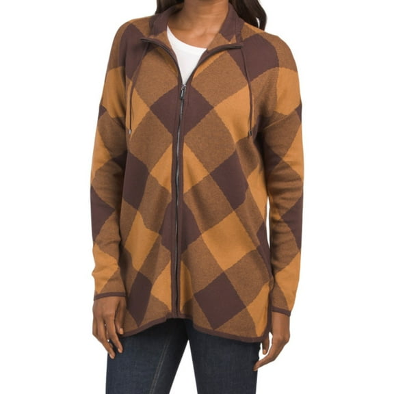 JONES NEW YORK Women's Buffalo Plaid Lightweight Knit Full Zip Poncho Jacket-Brown / S