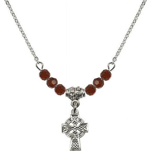 18-Inch Rhodium Plated Necklace with 4mm Red January Birth Month Stone Beads and Celtic Cross Charm