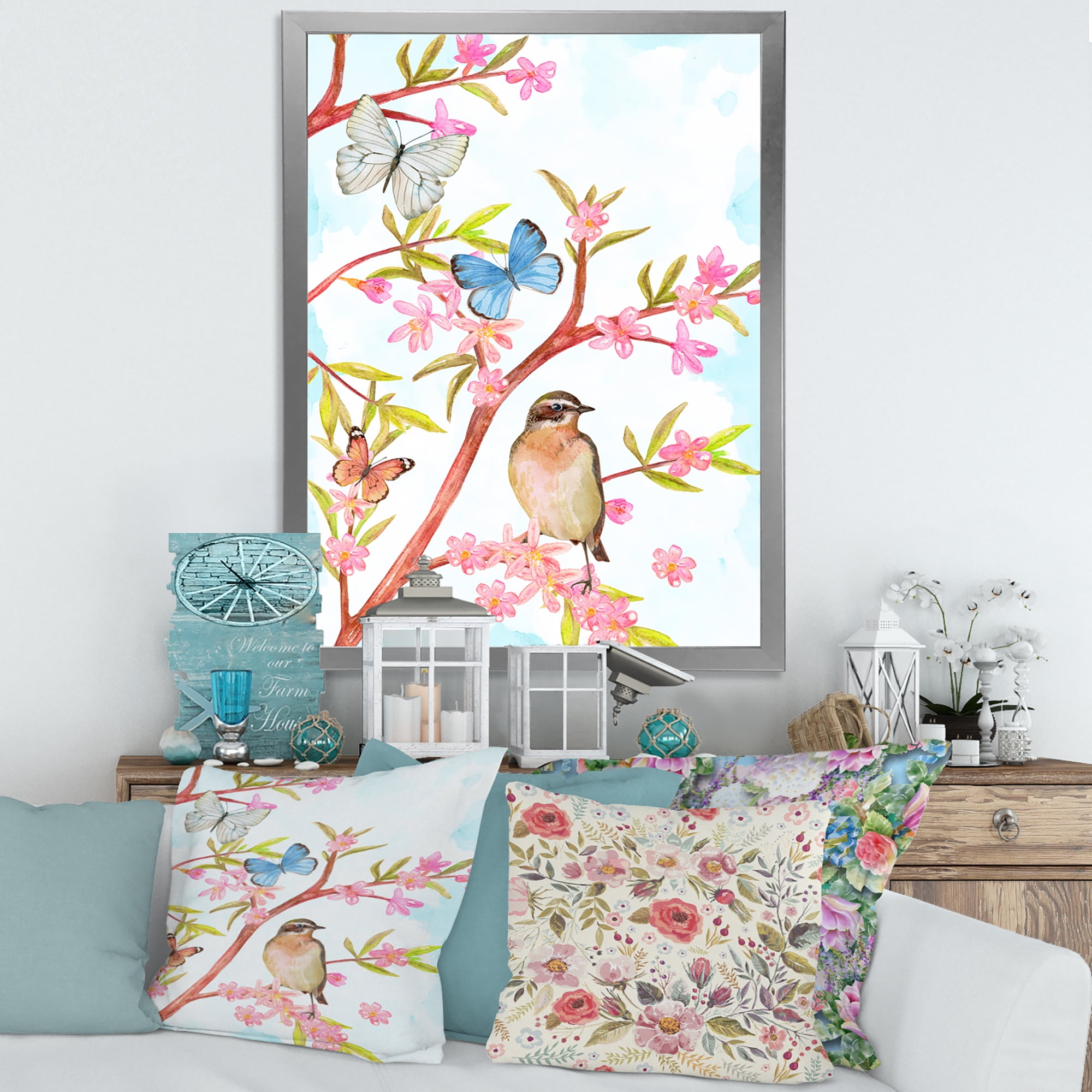 Clever Bird Sitting On Branch of A Spring Tree With Butterflies 12 in x 20 in Framed Painting Canvas Art Print, by Designart