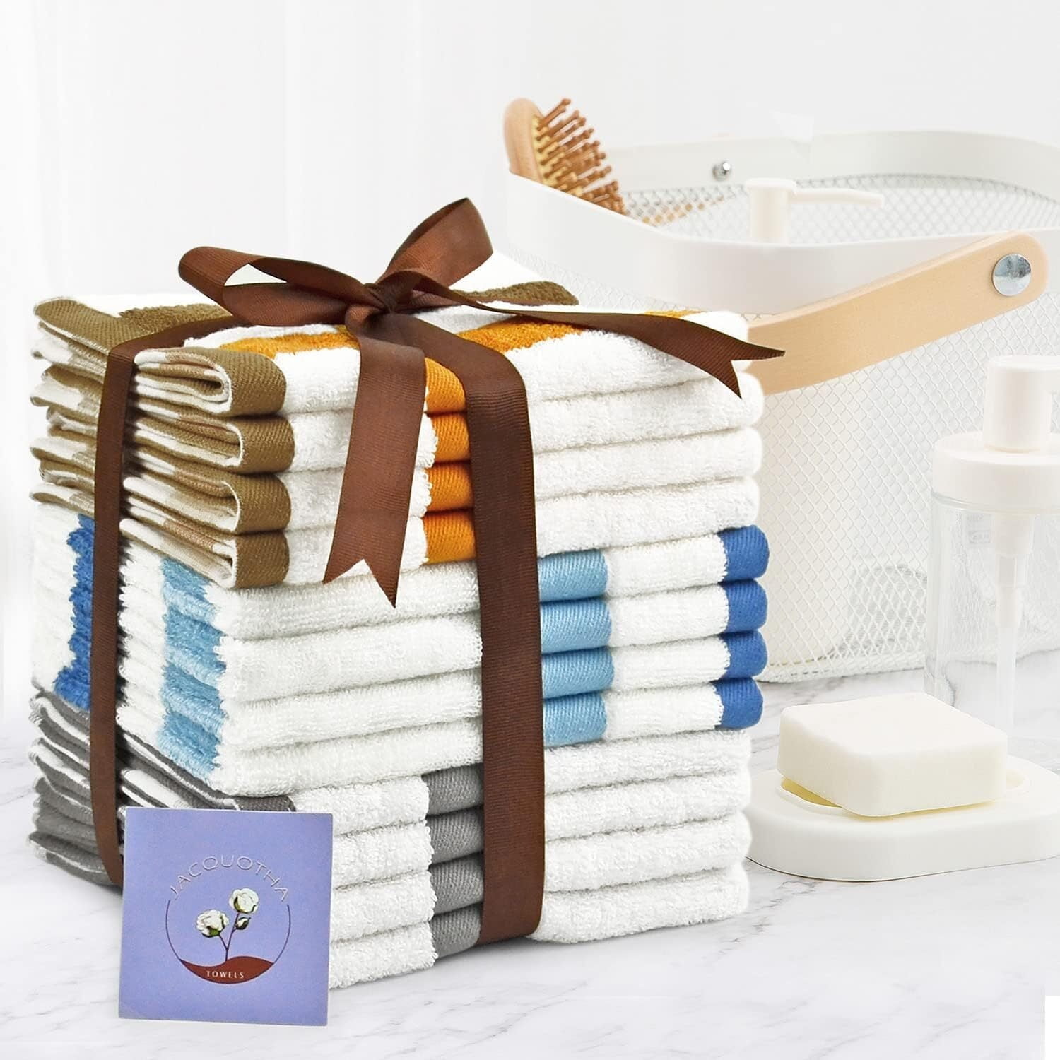 Cotton 12 Pack Striped Washcloths, 13 x 13 Inches, 3 Colors - Face and Body Cleansing Towels