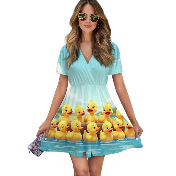 Yellow Duck Women Dress V-Neck Short Sleeve Flowy Swing Party Midi Dress