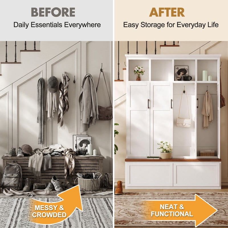 Farmhouse Hall Tree w/ 4 Cabinets w/ Door, Mudroom Coat Rack w/ Open Shelves, Entryway Storage Shoe Bench w/ 2 Drawers & 6 Hooks