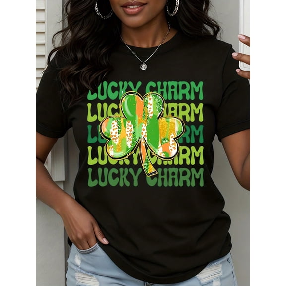 Shamrock Clover Lucky Charm Glitter Print Women Casual Short Sleeve T-Shirt