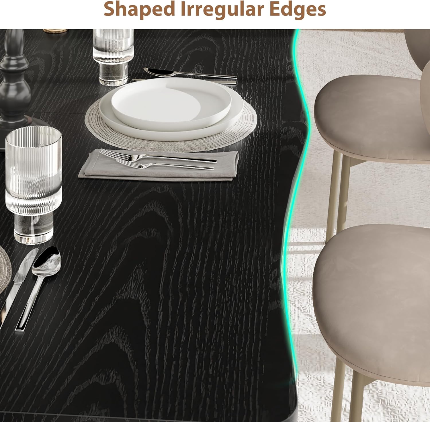 Dining Table for 6-8 People, Rustic Wave Irregular Edge Table with Thick MDF Top & Metal Frame, Waterproof Scratch-Resistant, Versatile for Dining/Work/Study, Black