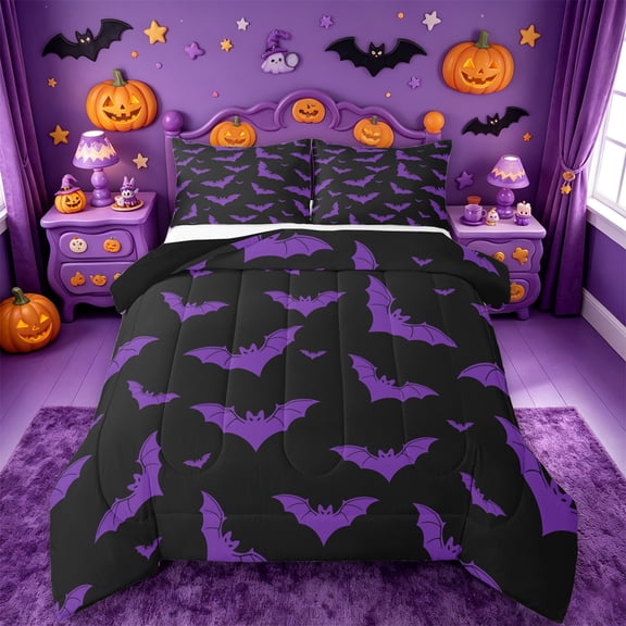 Homewish Gothic Halloween Bat Full Size Comforter Sets,Purple Silhouette Print Bedding Comforter Set,Black Violet,Black Reversible,3-Piece,1 Comforter and 2 Pillowcases