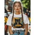 thumbnail image 5 of Women's T-Shirt Vintage Japanese Cat Funny Black Cat Eat Ramen Short Sleeve Casual Tee Classic Crew Neck T Shirt for Women White, XS, 5 of 7