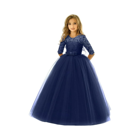 Girls Elegant Lace Long Sleeve Flower Girl Dress with Bow Tulle Skirt for Wedding Birthday Christmas Party Formal Occasion