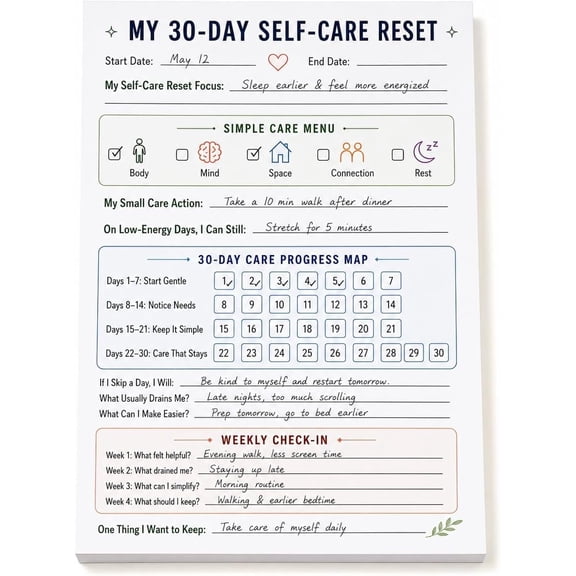 30-Day Self-Care Reset Notepad, 6x9, 50 Sheets