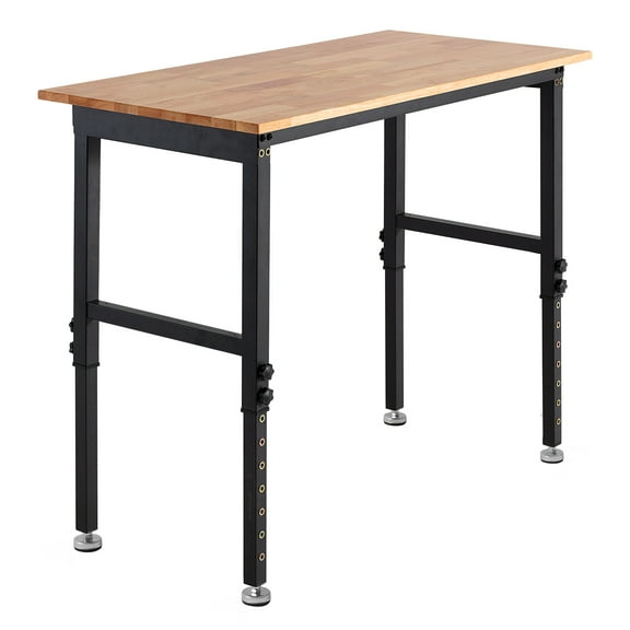 KFFKFF Adjustable Workbench with 1500 lbs Capacity, 48 x 24 Inch Oak Wood Top, Height Adjustable from 26.3 to 40.2 Inches, Durable Hardwood Worktable for Garage, Workshop, Home, Office