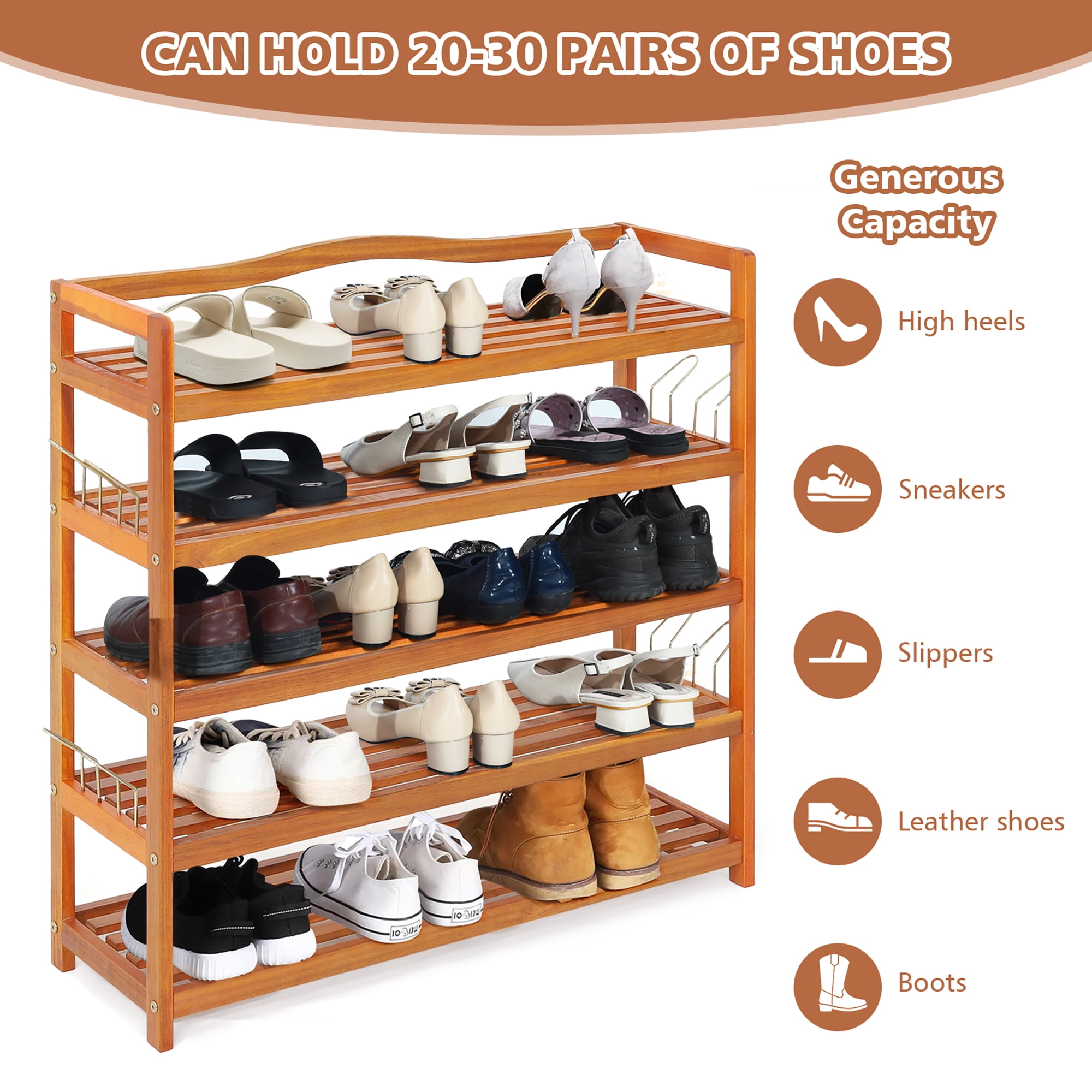 Costway 5-Tier Wood Shoe Rack Solid Acacia Wood Shoe Shelf with Side Metal  Hooks