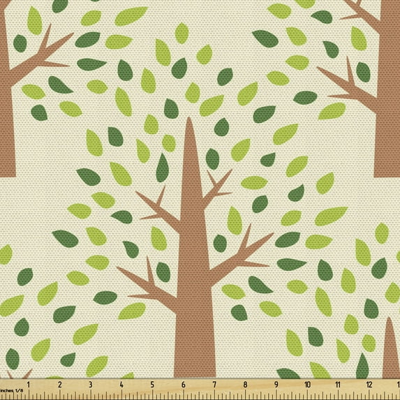 Nature Upholstery Fabric by the Yard, Cartoon Drawn Spring Summer Garden Forest Trees and Leaves Illustration, Decorative Fabric for DIY and Home Accents, Cream Green Dark Peach by Ambesonne