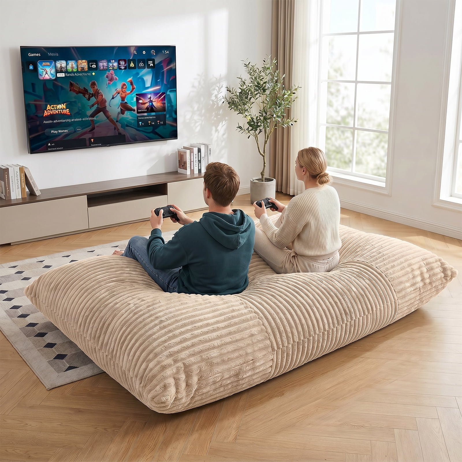VIREO 3 in 1 Bean Bag Chair Giant Bean Bag Chairs Convertible Bean Bag Floor Cushion with Machine Washable Cover, Beanbag Chairs for Adult (Beige)