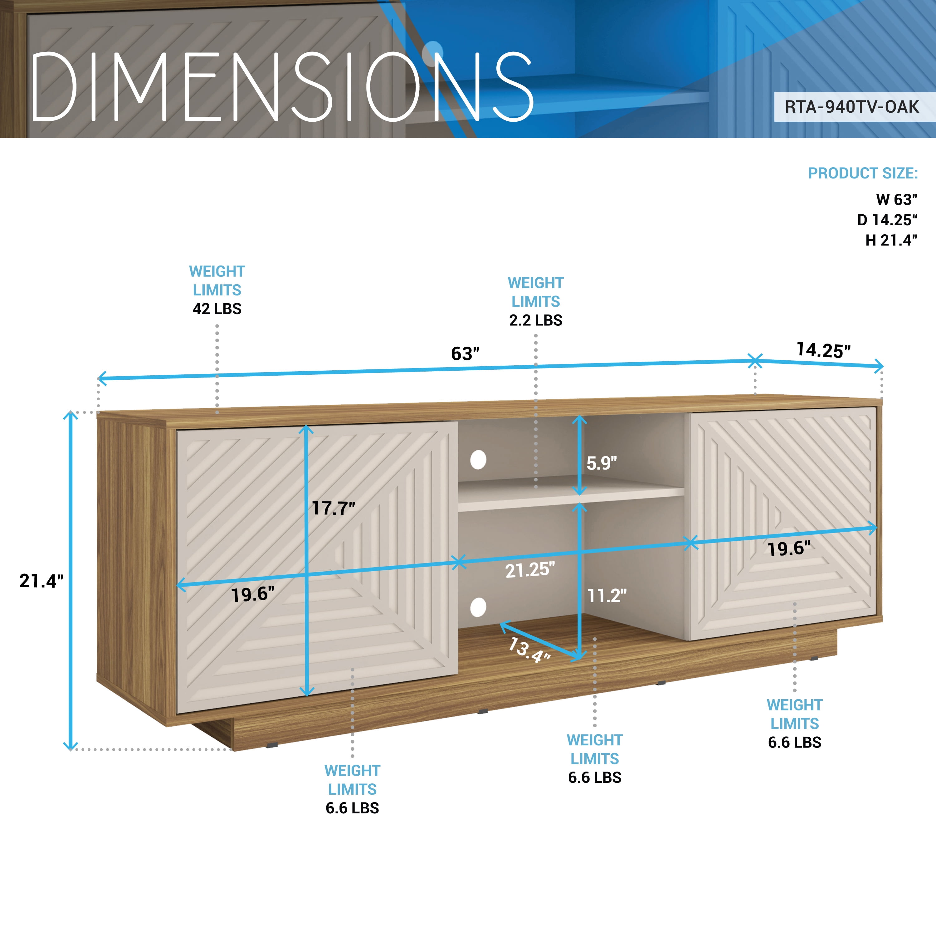 Techni Mobili Modern TV Stand for TV’s up to 70” with 2 Storage Cabinets with Patterned Doors, Oak RTA-940TV-OAK