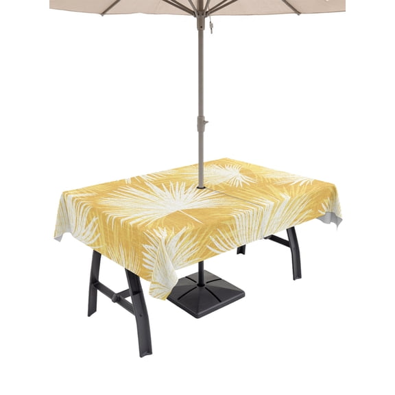 54x80 Inch Outdoor Tablecloth with Umbrella Hole Zipper Rectangle Yellow Palm Leaves Coastal Rectangular Tablecloths Waterproof Summer Tropical Botanical Boho Patio Table Cloth Cover for Picnic