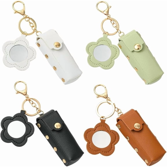 1 Box 4 Colors Lipstick Bag Keychain Mini Mirror Key Chain Pack White Black Leather Flower Lip Stick Holder Storage Case Key Rings for Women Party Wedding Favors Craft Purse Handbag Supplies for DIY