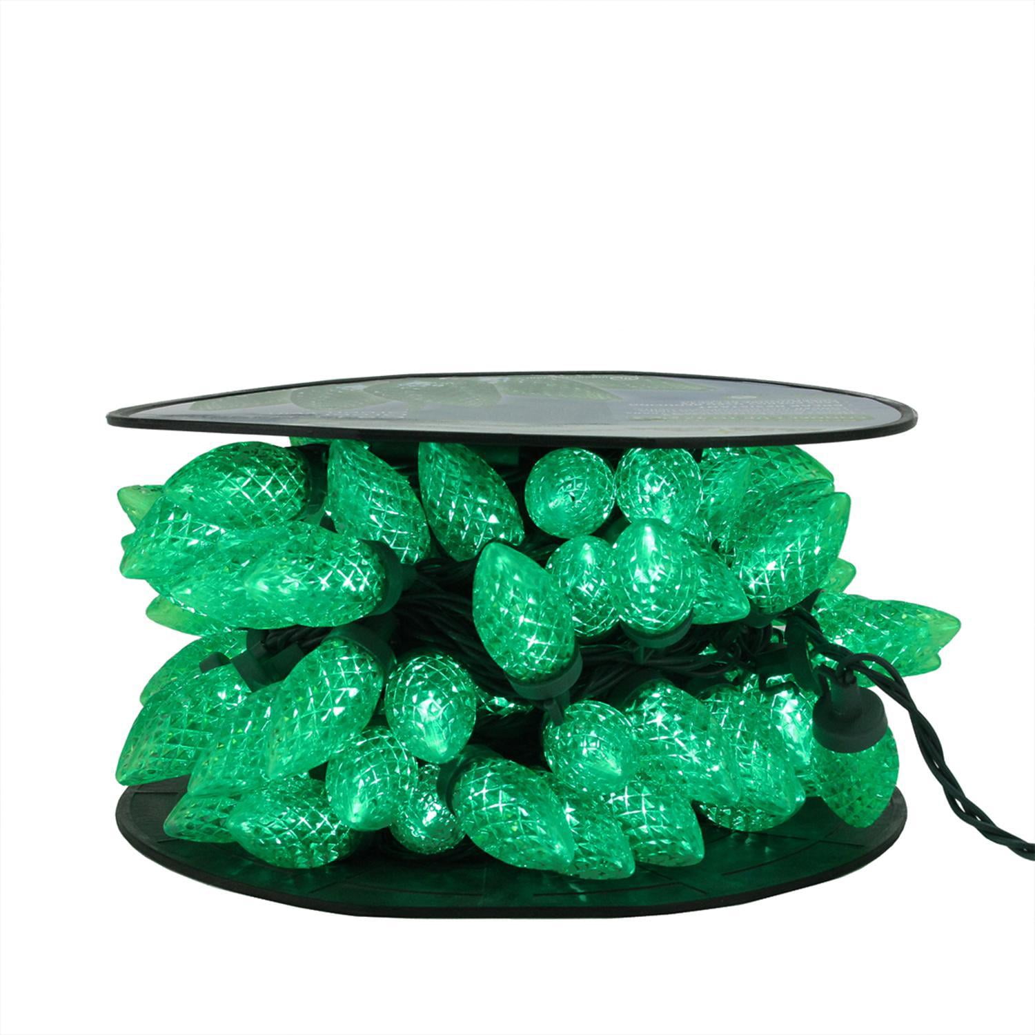 Set of 50 Green LED Faceted C9 Christmas Lights on Spool Green Wire