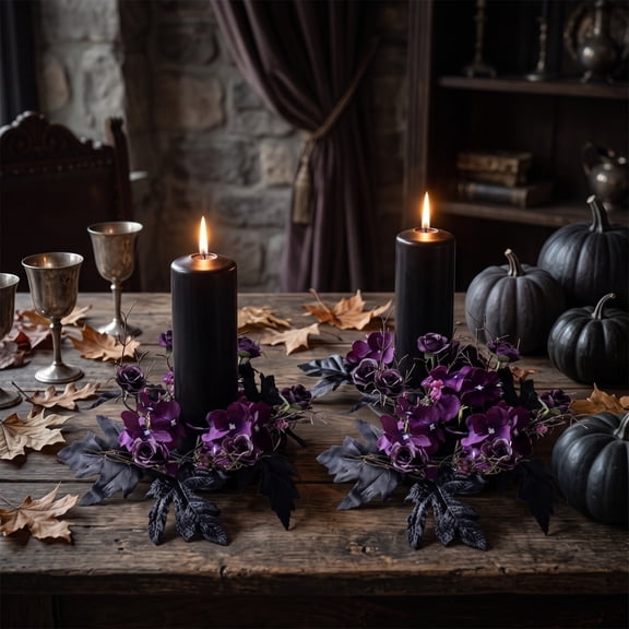 Halloween Wreath, 10 Inch Gothic Halloween Decor Artificial Purple Black Rose Candle Holder Wreath Ring, for Halloween Party, Haunted House, Home Dining Table, Entryway Display,