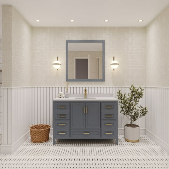 Ayna Decors Rooh 48 in Charcoal Grey Bathroom Vanity Set with White Quartz Countertop and Brass Faucet | Pop-Up Drain and P-Trap Included | Gold Hardware