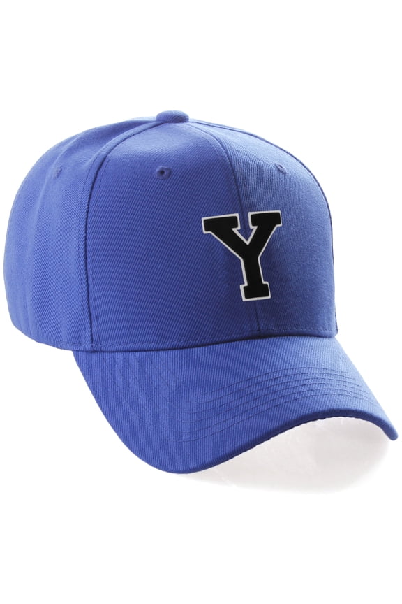 Classic 3D Raised Initial Letters A to Z Structured Baseball Hat Cap Adjustable, Blue Hat White Black Letter Y