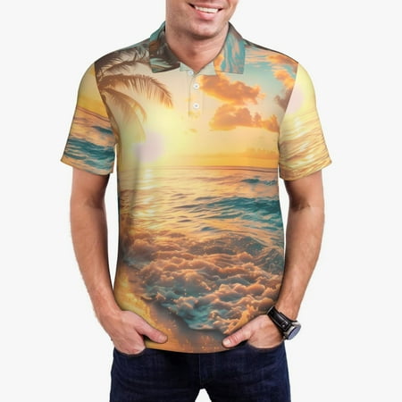 Hirioo Tropical Sunset Beach Scene for Men’s Polo Shirts Quick Dry Short Sleeve Golf T Shirt Performance Moisture Wicking Casual Workout Sizes S-4XL-Large