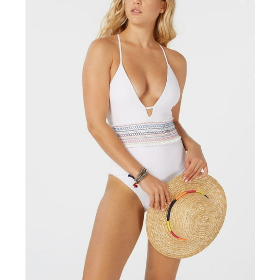 Bar III Smocked Plunging Crossback One-Piece Swimsuit White XL