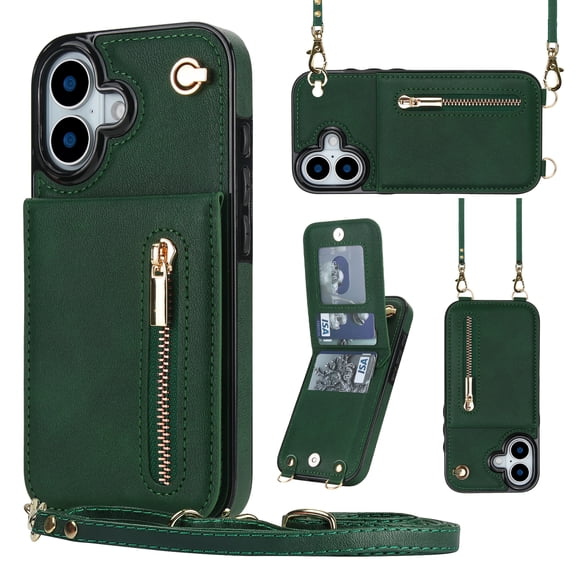 Crossbody Wallet Case for iPhone 17 with Card Holders RFID Shockproof Cover, Back Magnetic Flip Kickstand Zipper Slot Case, PU Leather Cover Handbag Shoulder Strap Phone Case,Green