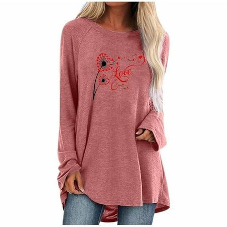 

Women s Valentine s Day Long-sleeve T-shirt Fashion Love Printed Medium Length Round Neck Solid Top Ladies Casual Loose Tee Blouse