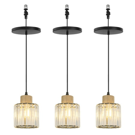 

KAYYELAMP 3-Pack Hanging Light Crystal Lampshade Wood Base E26 Connection Modern Design Pendant Lamp Replacement Downlight for Kitchen Dining Table Loft(No Bulb)