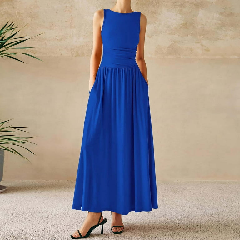 OSFVNOXV Formal Dresses for Women Sleeveless Casual Summer Maxi Dress High  Waisted Boat Neck Floor Length Wedding Guest Dress - Walmart.com