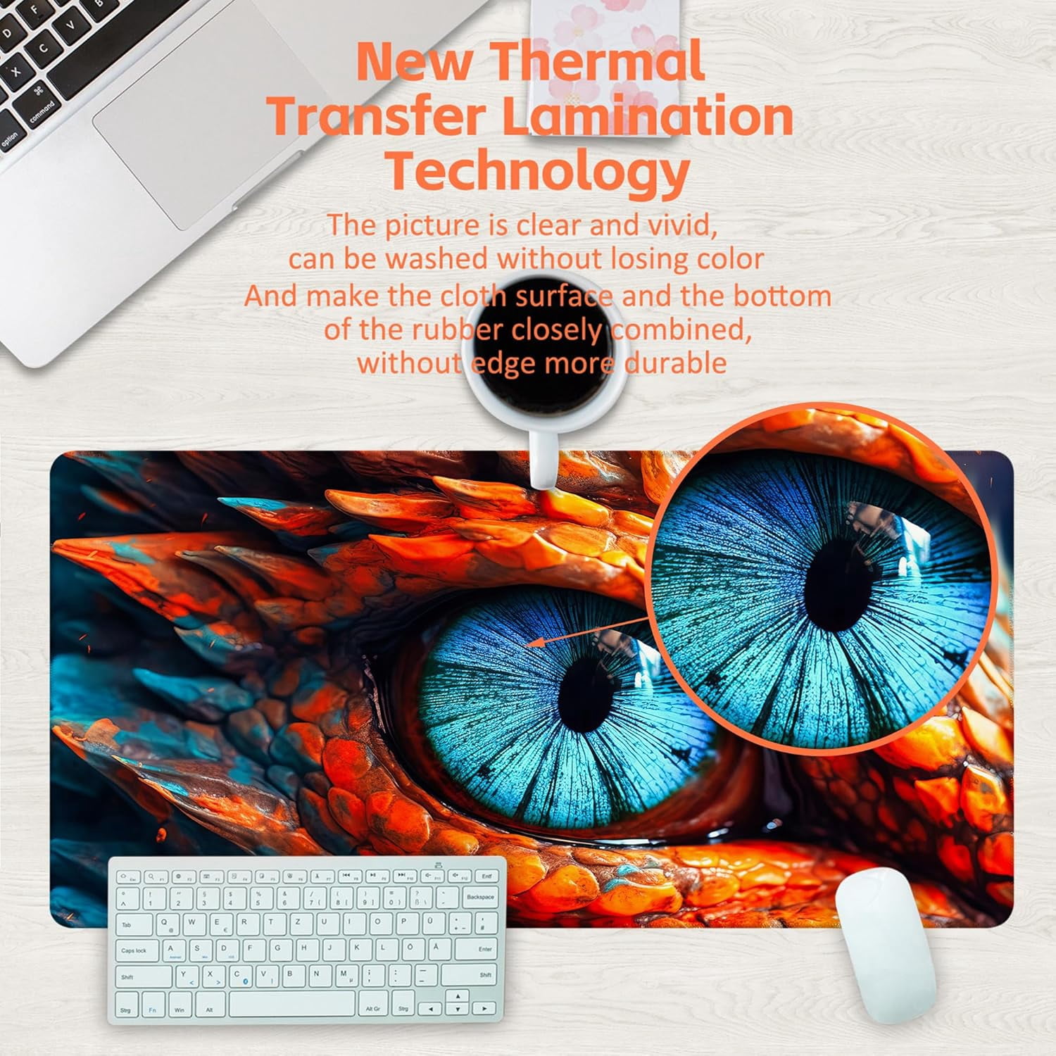 Large Gaming Mouse Pad for Desk, Dragon Blue Eyes Desk Mat, Dragon Eyes Desk Pad, 31.5"x11.8" Extended Big Computer Keyboard Mouse Pad with Non-Slip Base and Stitched Edge