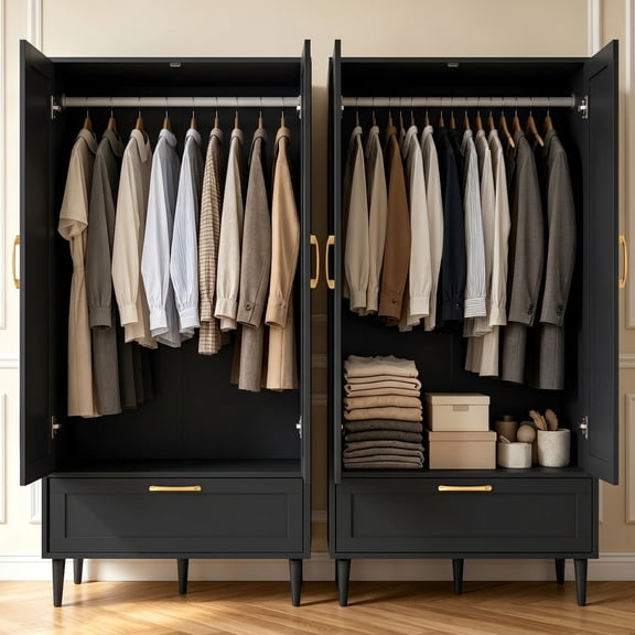 Wooden Armoire Wardrobe Closet, 2 Doors with 1 Drawer & Hanging Rod, Freestanding Clothing Storage Cabinet for Bedroom,Black