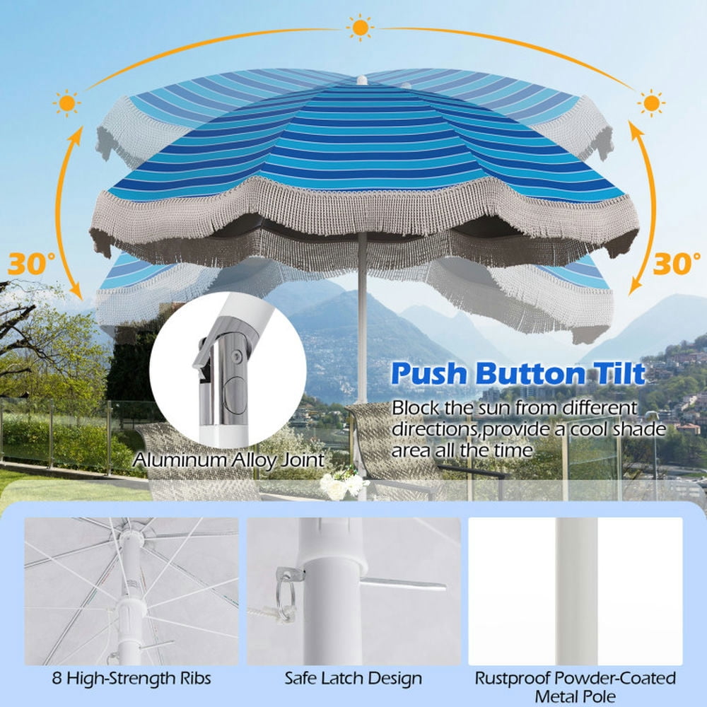 Spaco Outdoor Patio Umbrella,Patio Umbrella,6.5 FT Beach Umbrella with Fringe Outdoor Tassel Umbrella with Push Button Tilt-Navy