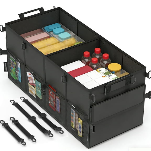 CLESOO Car Trunk Organizer, 75L Collapsible SUV Organizer Multi-Compartment, Car Storage Box with 4 Adjustable Straps, Black