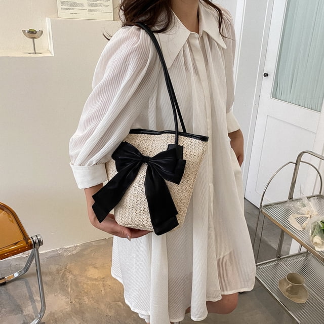 Bolso tejido de paja para mujer, bolso de mano con lazo para la playa, para vacaciones (negro)