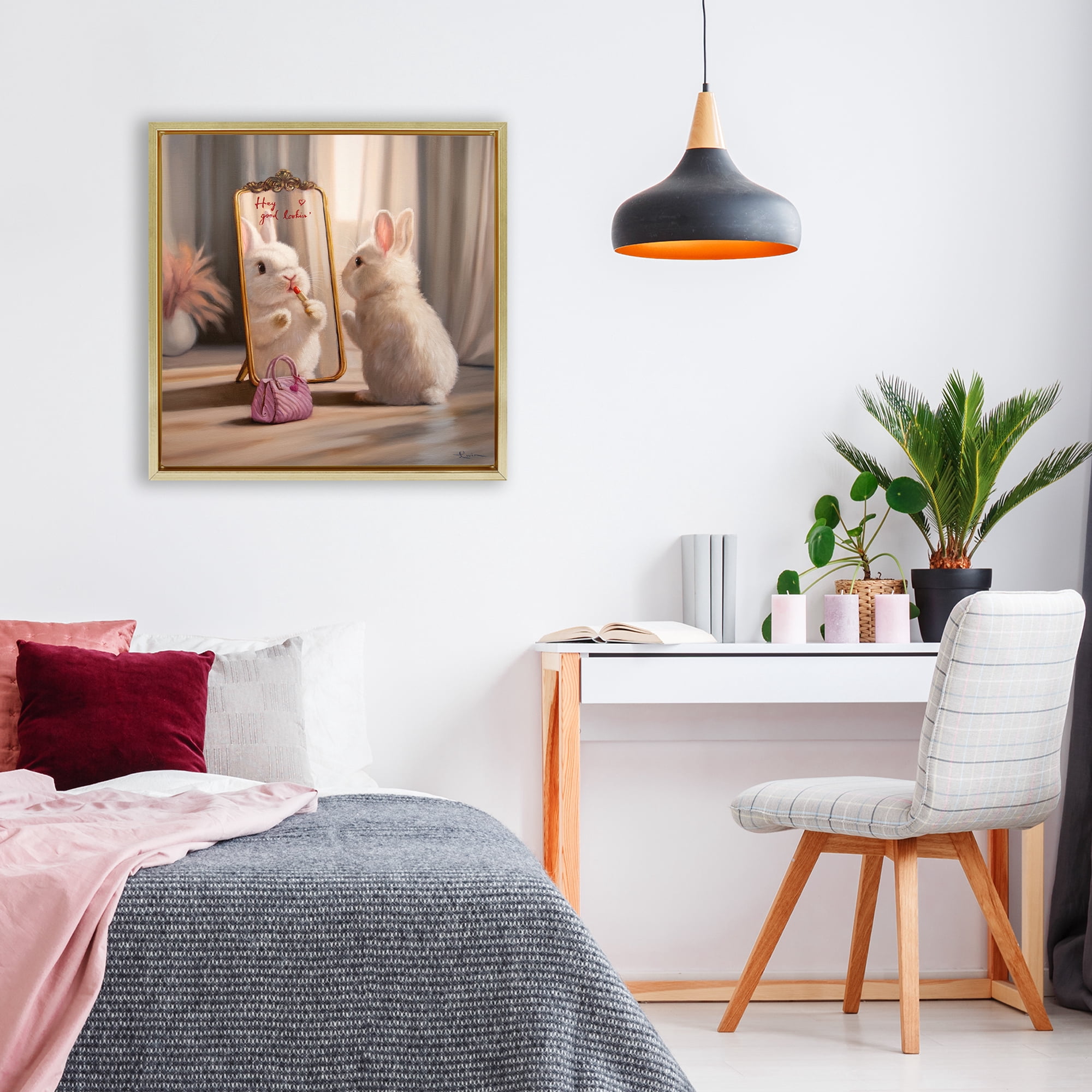 Stupell Industries Final Touch Makeup Bunny Gold Framed Floater Canvas Wall Art, design by Lucia Heffernan