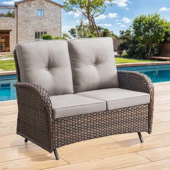 Lumiinofami Outdoor Wicker Glider Loveseat Patio Deep Seat Rocking Glider Sofa Bench with Cushions for Porch Balcony Deck, Beige