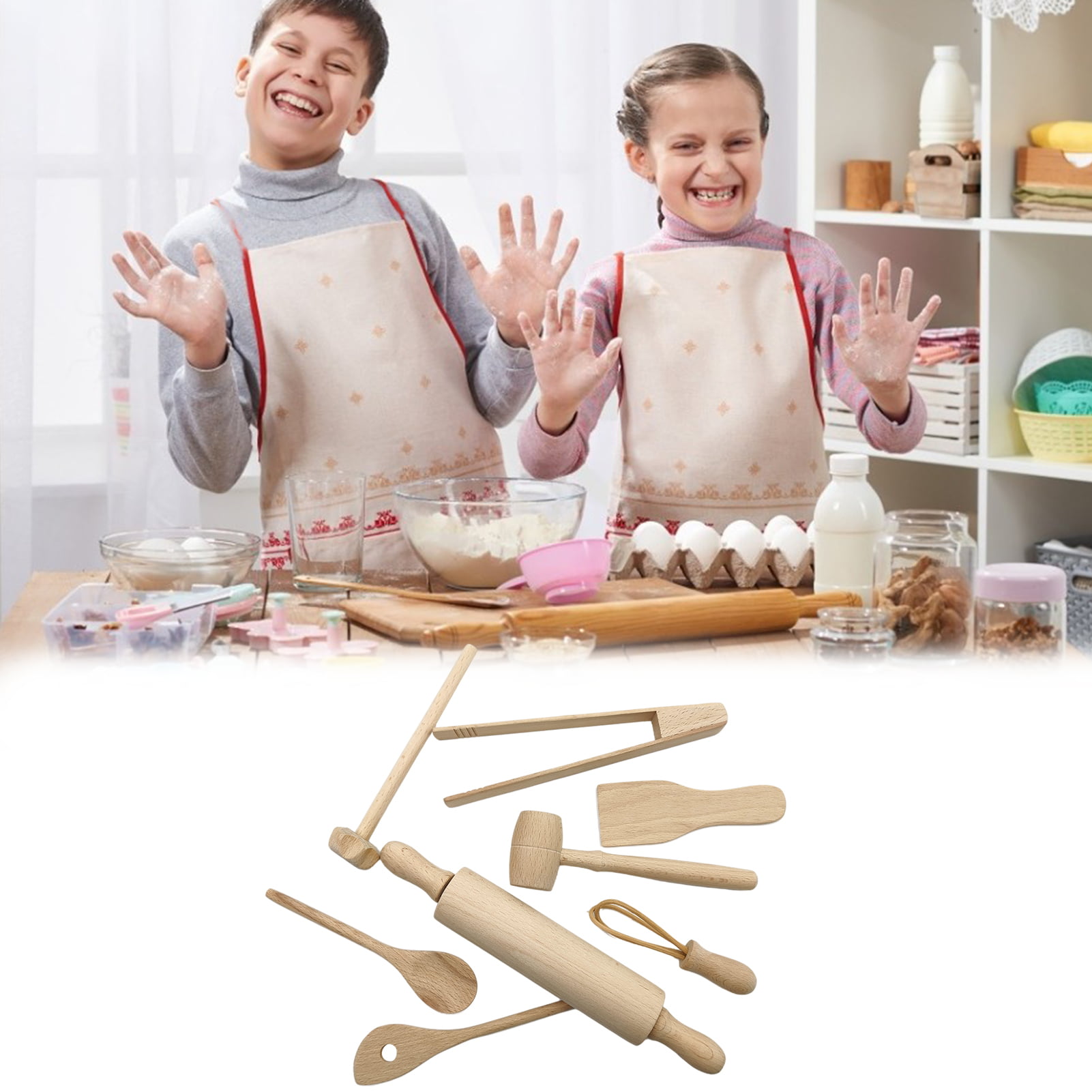 3Pcs Wooden Baking Set Kids Rolling Pin Spoon Spatula Kit Kitchen Tools 8C 