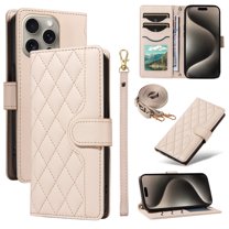 Crossbody Wallet Case for iPhone 13 Pro Max, Credit Card Slots Elegant PU Leather Magnetic Closure Shoulder Strap Purse Phone Case Flip Kickstand Full Body Protection Cover for Women Girls, Beige